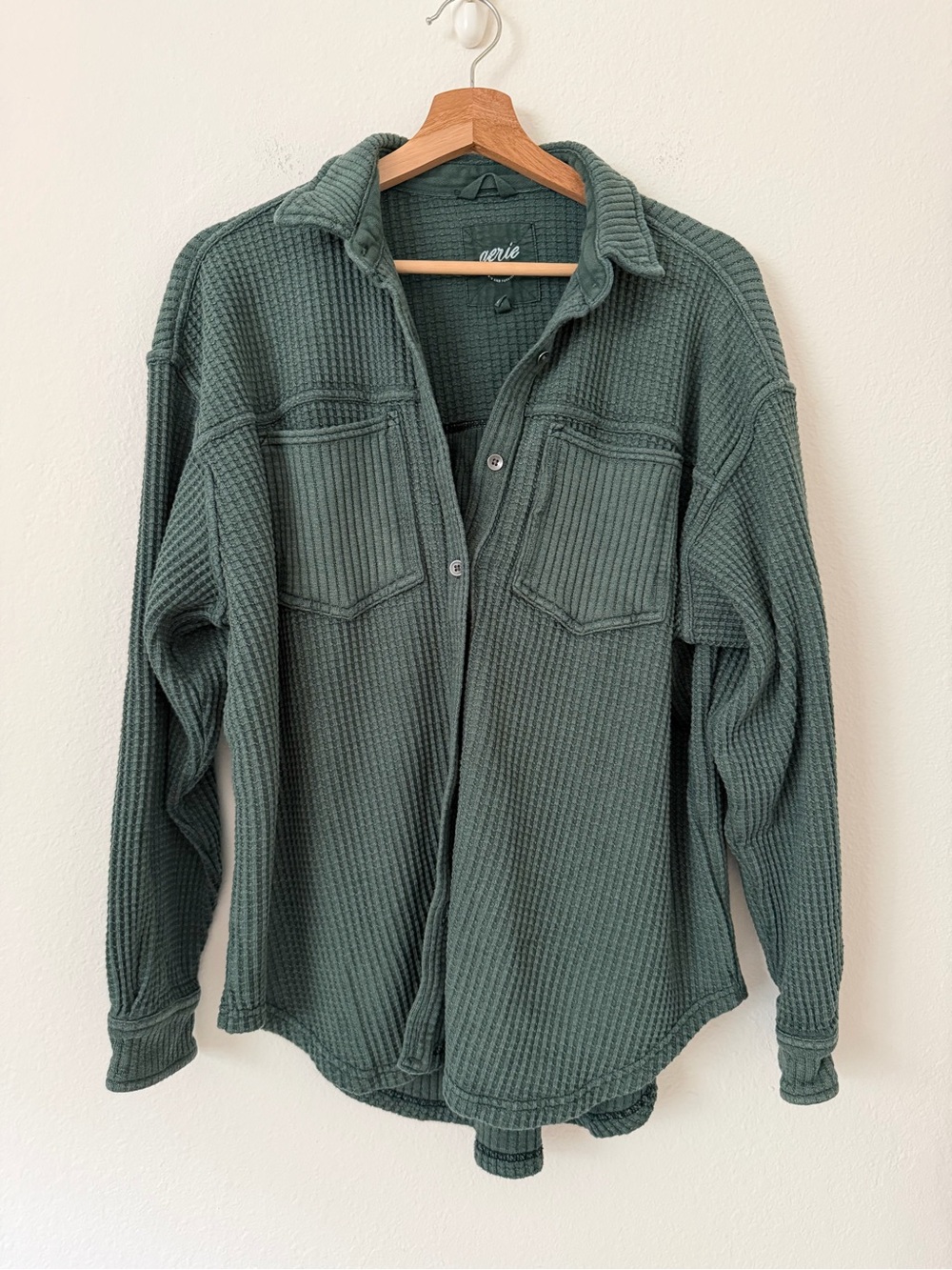 Aerie LumberJane Oversized Waffle Knit Green Button Front Shirt Size Small S